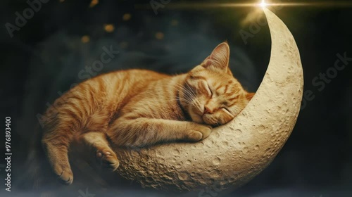 an illustration of an orange cat sleeping on a beautiful crescent moon. seamless looping time-lapse virtual 4k video Animation Background. photo