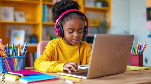 A young girl with headphones on using a laptop computer, AI