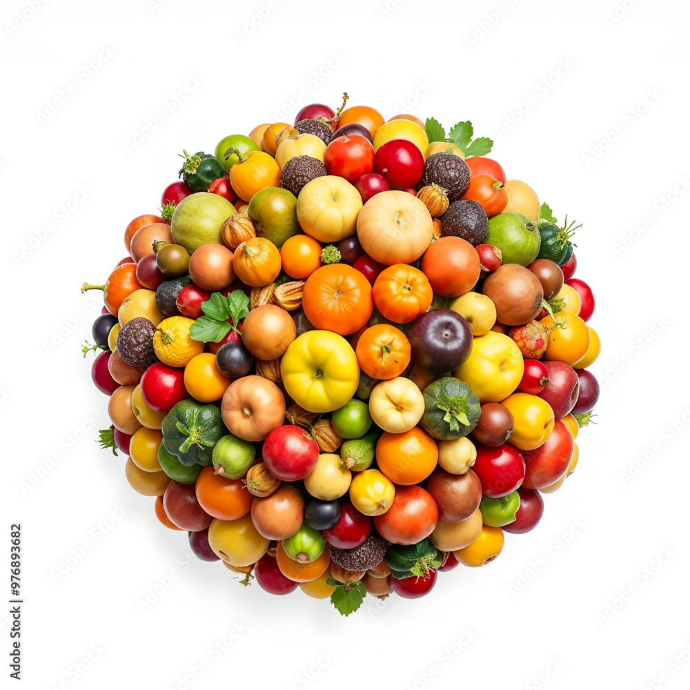 Colorful variety of fruits arranged in a spherical shape