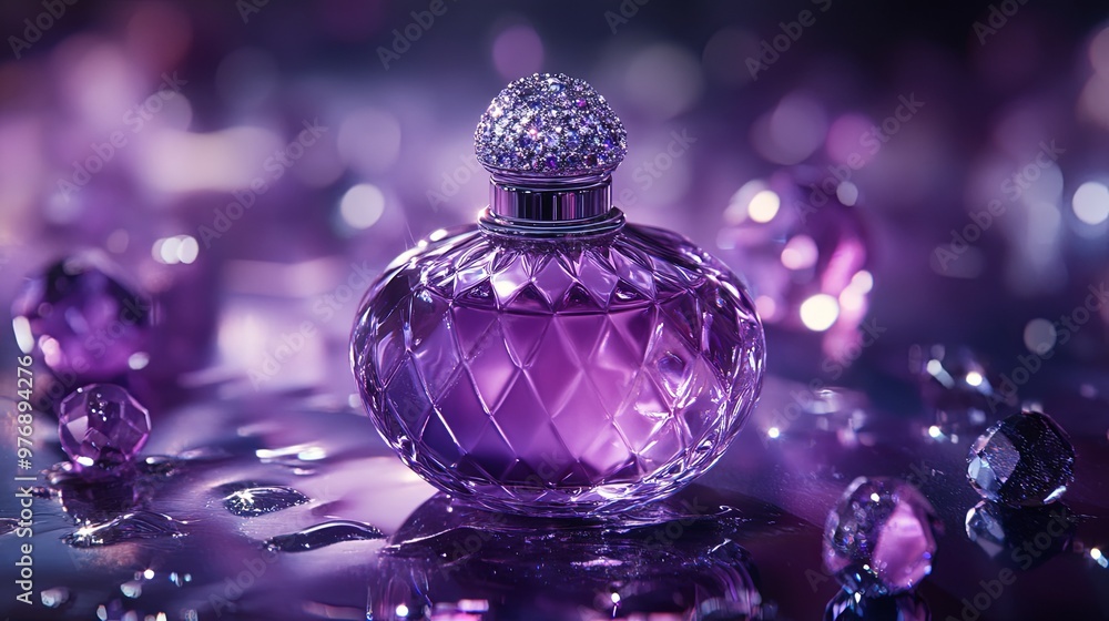 A beautifully designed purple perfume bottle sits among sparkling gems on a reflective surface, evoking elegance and luxury. A beautifully designed purple perfume bottle sits among sparkling gems on a reflective surface, evoking elegance and luxury.