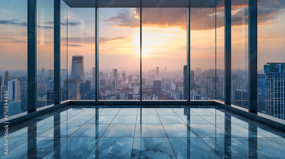 Fototapeta premium A large room with a view of a city skyline with building at sunset