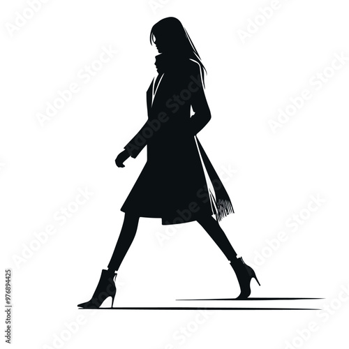 silhouette of a minimal business  woman walking forward in winter clothing pose on a white background