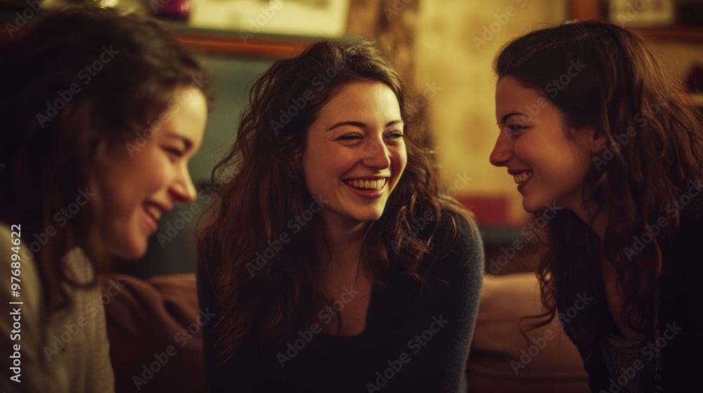 Three women laughing together on a couch, one with her hair up, AI Three women laughing together on a couch, one with her hair up, AI