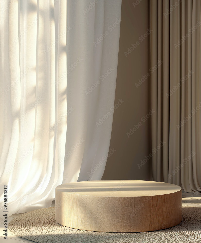 Empty wooden podium on sunlight and curtain background Empty wooden podium on sunlight and curtain background