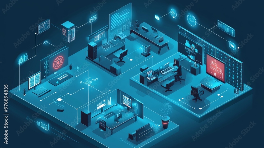 Futuristic Smart Office with IoT Devices in Connected Isometric Environment Futuristic Smart Office with IoT Devices in Connected Isometric Environment
