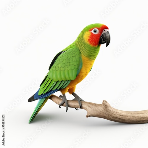 Green parrot isolated on white background. A large exotic bird.