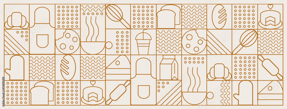 Hand drawn illustration of Bakery and Coffee. Icons. Abstract geometric line background. Gold luxury. Pattern for cover design, food package, menu, background, café wall, coffee shop, web banner Hand drawn illustration of Bakery and Coffee. Icons. Abstract geometric line background. Gold luxury. Pattern for cover design, food package, menu, background, café wall, coffee shop, web banner