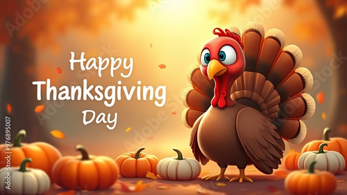 Cute Cartoon Turkey Bird. Happy thanksgiving day. Banner, poster or greeting card design. With pumpkins and falling leaves	