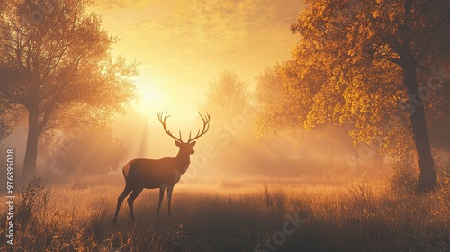 Majestic deer standing in a misty field at sunrise, surrounded by trees. The early morning sun casts a golden glow on the scene. 