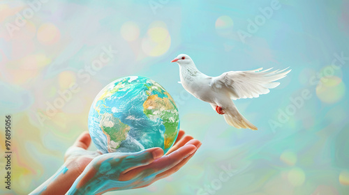 Planet Earth in hands of child near white dove. Symbol of peace, international day of peace photo