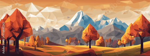 Polygonal landscape illustration orange trees against mountains vector art for autumn decor