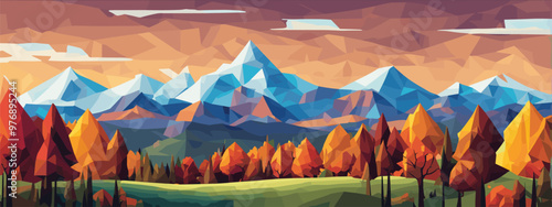 Geometric nature landscape, vibrant colors autumn forest and mountains, illustration book cover