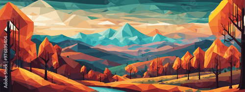 Low poly mountainous landscape illustration, vibrant colors, modern art, perfect for wall decor