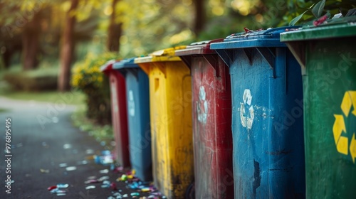 Recycling bins in a row at a community park