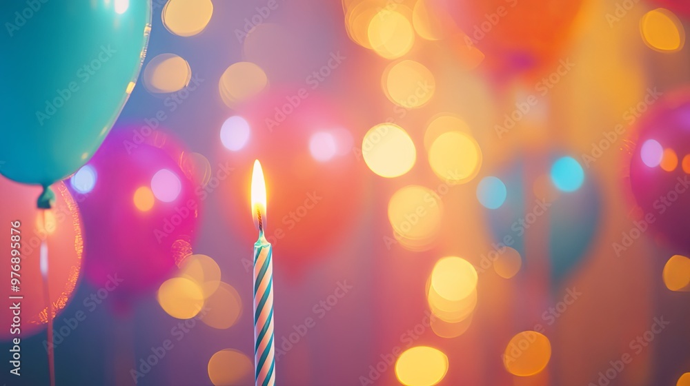 A festive scene featuring a lit birthday candle in the foreground, with colorful balloons and soft bokeh lights in the background. A festive scene featuring a lit birthday candle in the foreground, with colorful balloons and soft bokeh lights in the background.