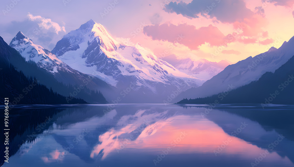 Nature Bliss: A serene mountain landscape with a lake reflecting the snowy peaks at sunrise Nature Bliss: A serene mountain landscape with a lake reflecting the snowy peaks at sunrise