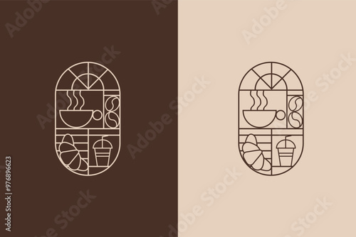 Coffee Logo with line art style icon design template vector. Retro style.  Vector illustration for Bakery and Coffee shop. Icons. Coffee bean, cup of coffee and croissant.