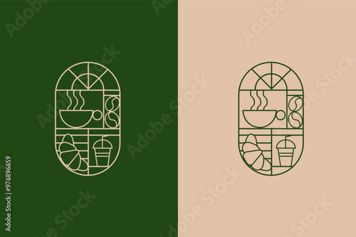 Coffee Logo with line art style icon design template vector. Retro style.  Vector illustration for Bakery and Coffee shop. Icons. Coffee bean, cup of coffee and croissant.