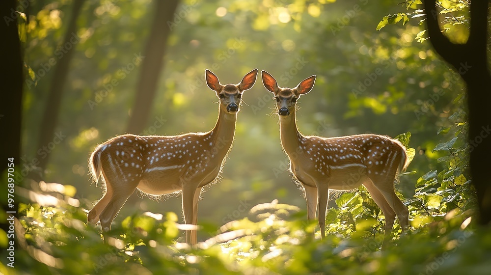 Two deer standing alert in a forest clearing, sunlight filtering through dense trees, captured from a midrange perspective to enhance the tranquil mood Two deer standing alert in a forest clearing, sunlight filtering through dense trees, captured from a midrange perspective to enhance the tranquil mood