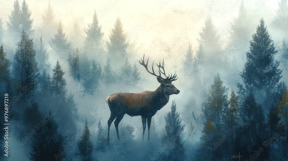 A majestic deer stands amidst misty trees, embodying the essence of wilderness and tranquility in nature.