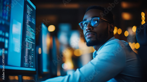 Focused professional coding at night in a modern office environment surrounded by illuminated screens and a relaxed atmosphere