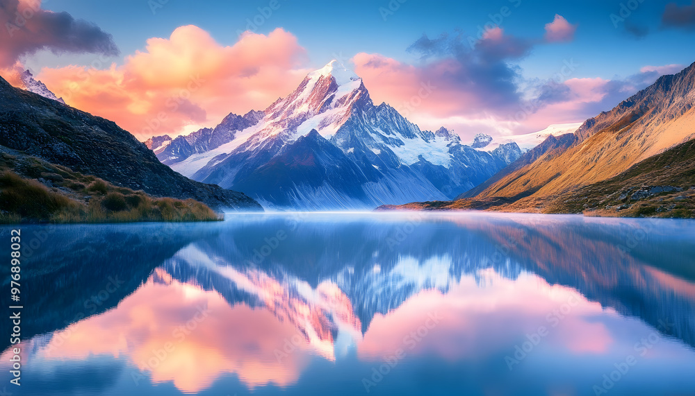 Nature Bliss: A serene mountain landscape with a lake reflecting the snowy peaks at sunrise Nature Bliss: A serene mountain landscape with a lake reflecting the snowy peaks at sunrise