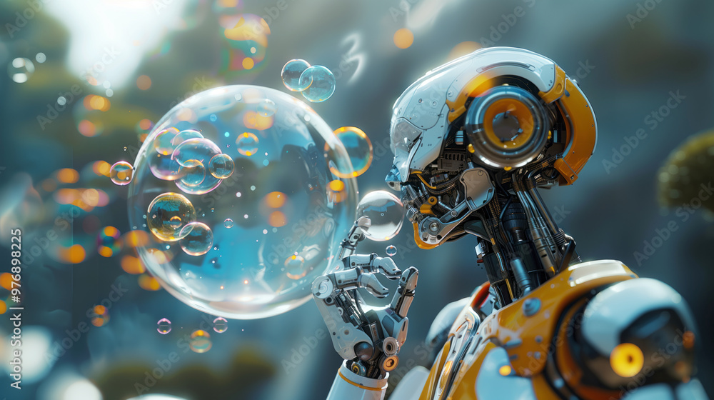Fototapeta premium A cheerful robot blowing bubbles with a delighted expression