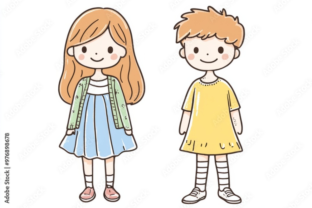 Cute cartoon illustration, colorful line drawing, children boy and girl, clean pure white background, like a hand-drawn, easy to cut out Cute cartoon illustration, colorful line drawing, children boy and girl, clean pure white background, like a hand-drawn, easy to cut out