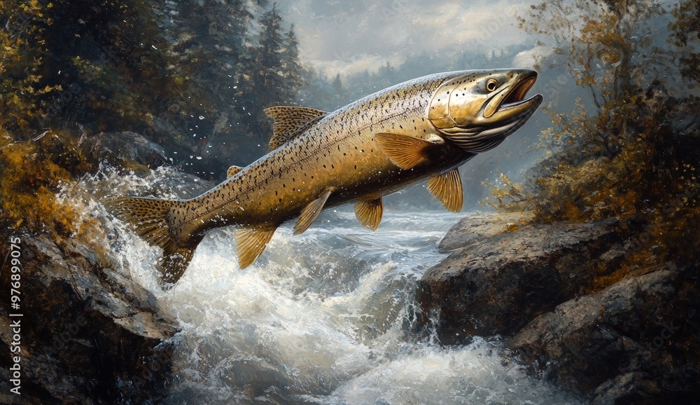 A large trout leaps over a rocky waterfall in a rushing river, with a background of autumnal forest foliage. A large trout leaps over a rocky waterfall in a rushing river, with a background of autumnal forest foliage.