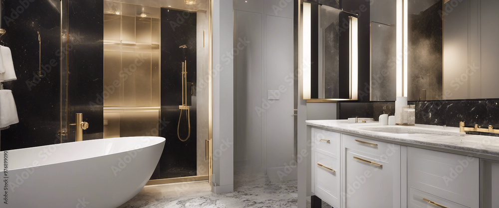 A compact upscale bathroom featuring a black granite countertop white vanity cabinet gold accented s A compact upscale bathroom featuring a black granite countertop white vanity cabinet gold accented s