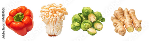 Assorted fresh vegetables isolated on transparent background. Realistic illustration. Healthy eating and organic produce concept. Clipart for cookbook, menu, and grocery store advertising.