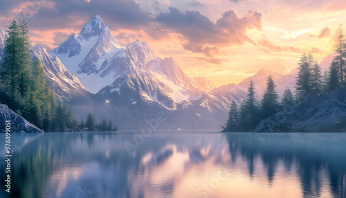 Nature Bliss: A serene mountain landscape with a lake reflecting the snowy peaks at sunrise