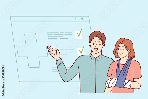 Health insurance agent stands near injured woman, displaying financial compensation approval spreadsheet. Man talks about importance of health insurance to avoid personal debts and loans