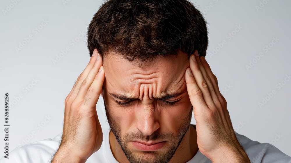 A stressed man with a headache holds his head, expressing tension and discomfort in a neutral backdrop. A stressed man with a headache holds his head, expressing tension and discomfort in a neutral backdrop.