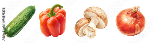 Assorted fresh vegetables isolated on transparent background. Realistic illustration. Healthy eating and organic produce concept. Clipart for cookbook, menu, and grocery store advertising.