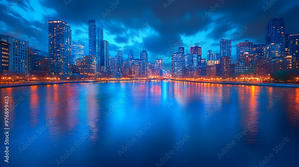 Fototapeta premium A beautiful city skyline at twilight with the reflection of the buildings and lights in the water.