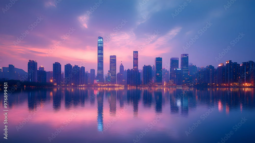 Fototapeta premium A beautiful cityscape at sunrise with a reflection in the water.