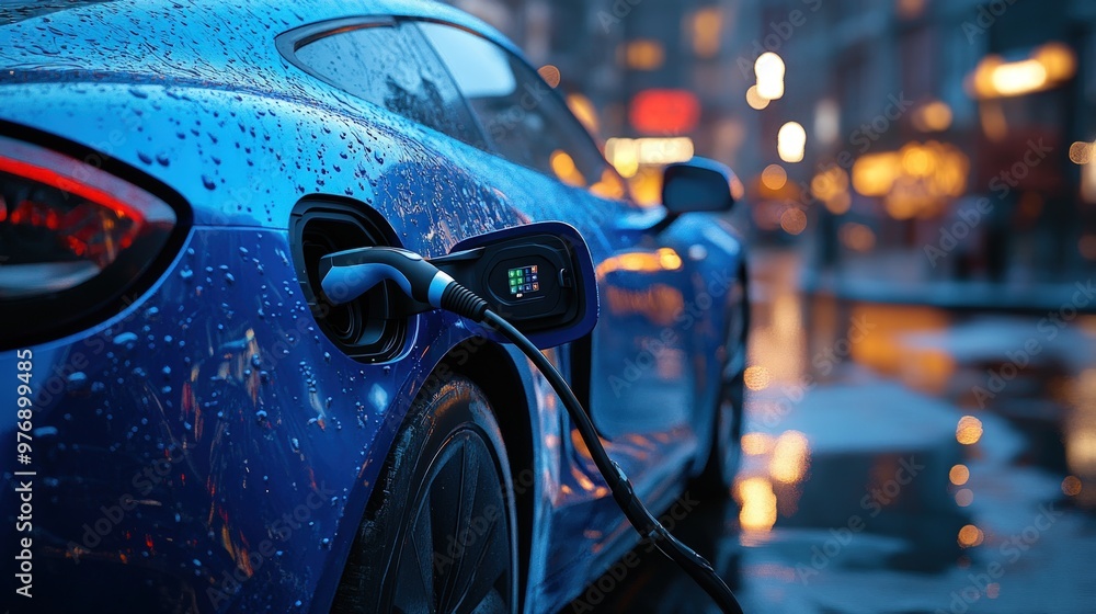 A blue electric car charging in the city at night, with raindrops on the car. A blue electric car charging in the city at night, with raindrops on the car.