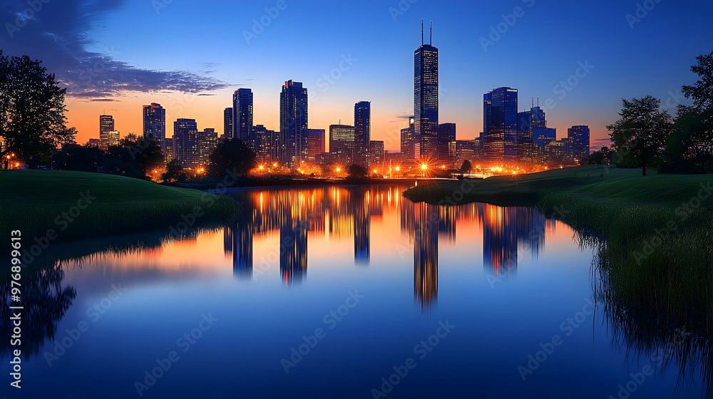 Fototapeta premium A beautiful cityscape with a lake and trees reflecting the skyline at sunrise.
