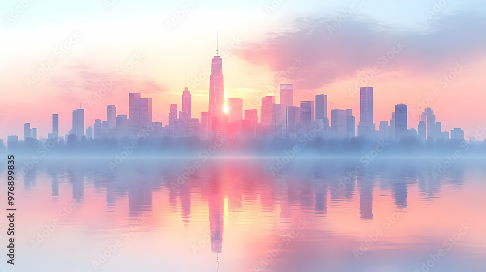Fototapeta premium A beautiful sunrise over a city skyline with soft colors and a gentle mist on the water.