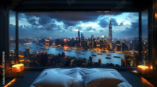 A bed with a view of a city...