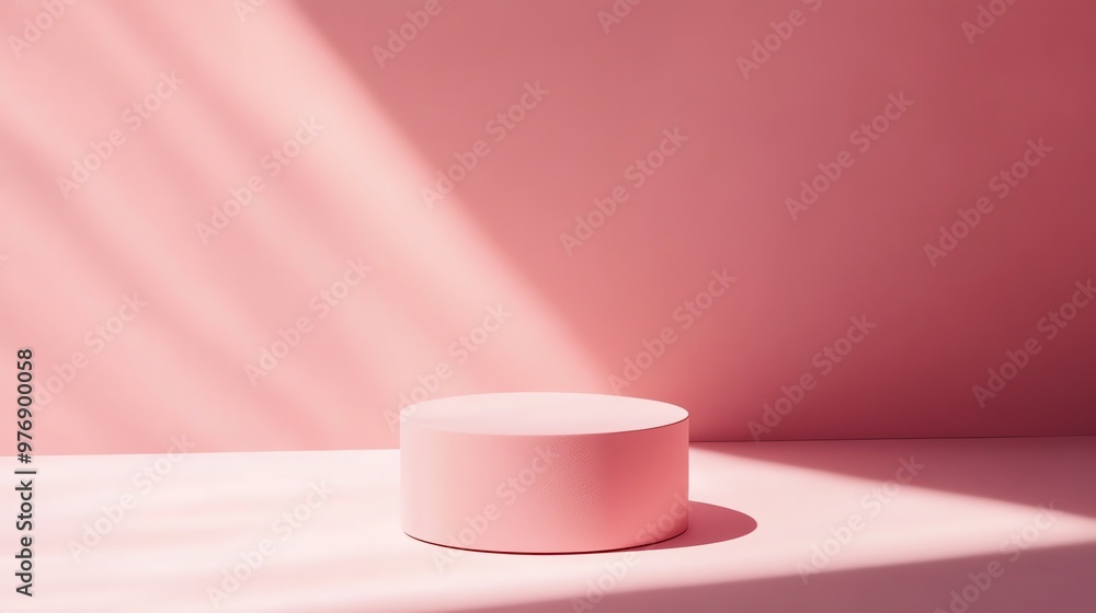A pink cylinder sits on a pink surface in front of a pink wall. A pink cylinder sits on a pink surface in front of a pink wall.