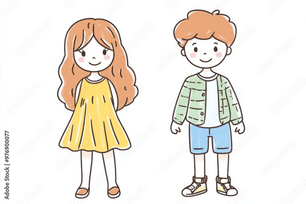 Cute cartoon illustration, colorful line drawing, children boy and girl, clean pure white background, like a hand-drawn, easy to cut out Cute cartoon illustration, colorful line drawing, children boy and girl, clean pure white background, like a hand-drawn, easy to cut out