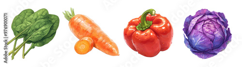 Assorted fresh vegetables isolated on transparent background. Realistic illustration. Healthy eating and organic produce concept. Clipart for cookbook, menu, and grocery store advertising.