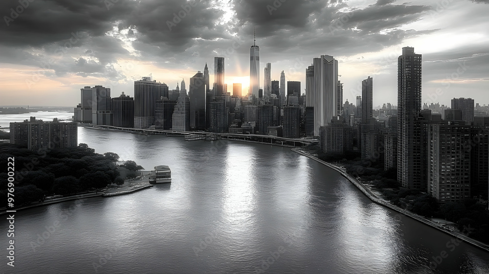 Obraz premium A black and white aerial view of the Manhattan skyline at sunset, with the sun shining through the clouds and reflecting on the East River.