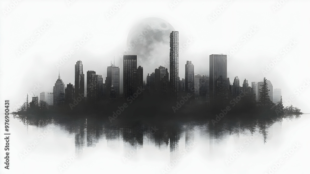 Fototapeta premium A black and white cityscape silhouette with a full moon and reflection in the water.