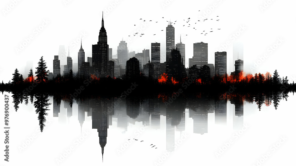 Naklejka premium A black and white cityscape skyline with a reflection in the water. There is a forest with orange flames in front of the city.