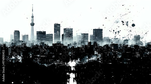 A black and white cityscape...