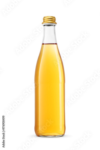 Glass bottle with sparkling orange soft drink isolated. Transparent PNG image.