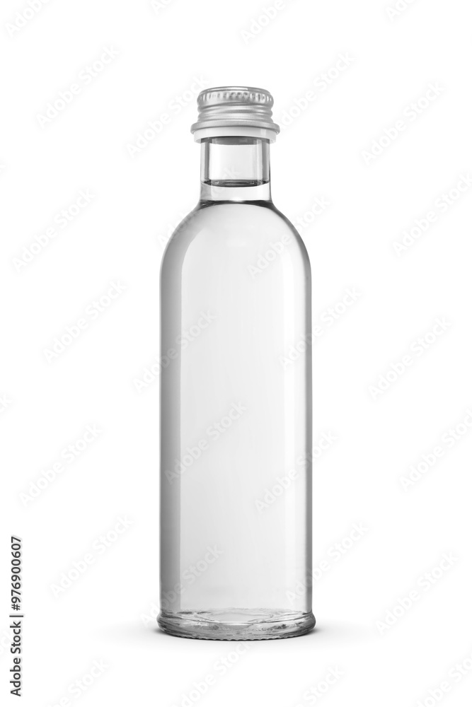 Purified water in a small clear glass bottle with aluminum screw cap isolated. Transparent PNG image. Purified water in a small clear glass bottle with aluminum screw cap isolated. Transparent PNG image.